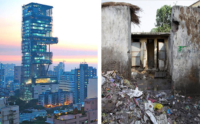 An apartment block lived in by just one family (left) and a slum (right).